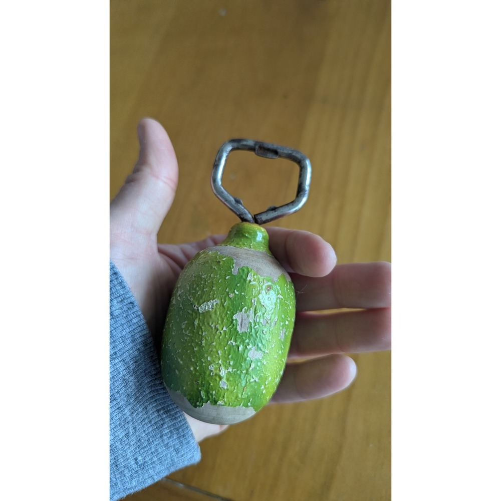 Vintage Hand Painted Wood Lime Fruit Bottle Opener Rustic Green Barware Tool